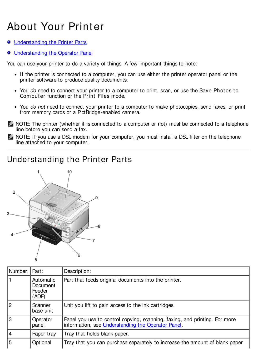 Dell 968 About Your Printer, Understanding the Printer Parts, Information, see Understanding the Operator Panel 