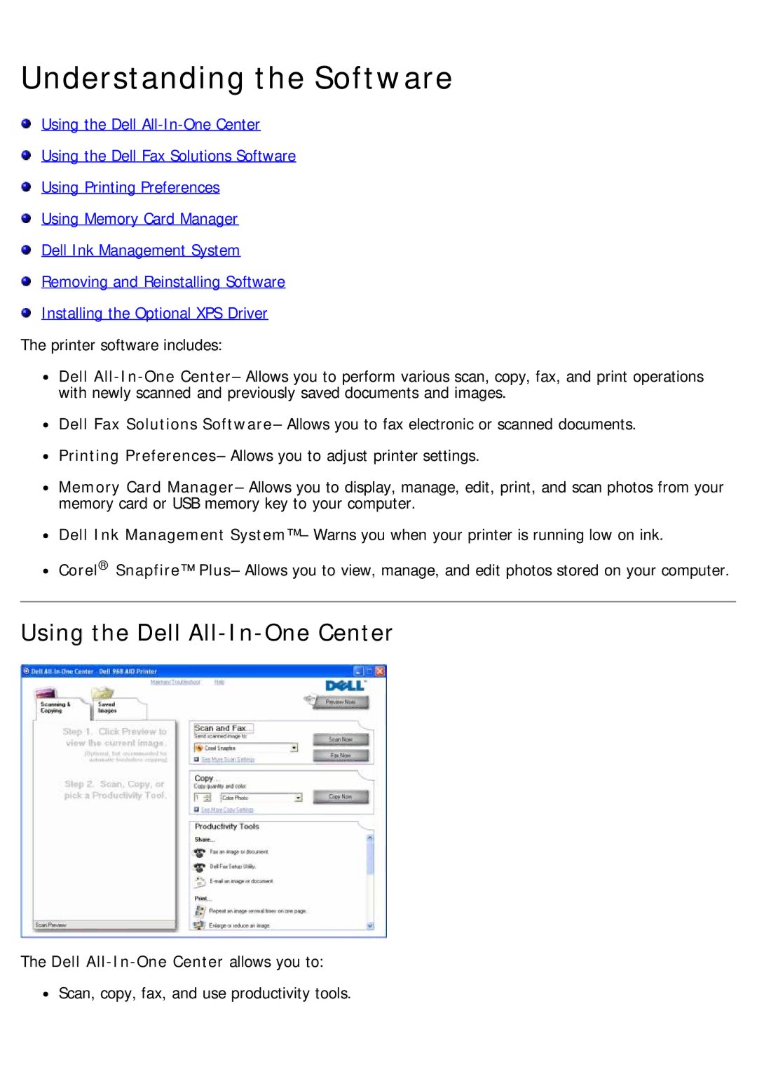 Dell 968 specifications Understanding the Software, Using the Dell All-In-One Center, Dell All-In-One Center allows you to 