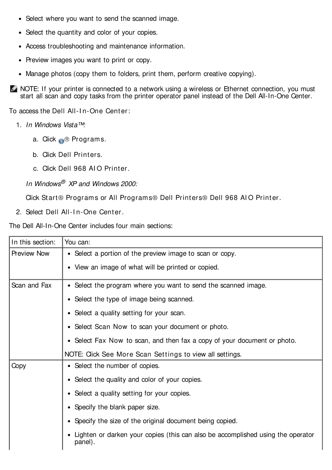 Dell 968 specifications To access the Dell All-In-One Center 