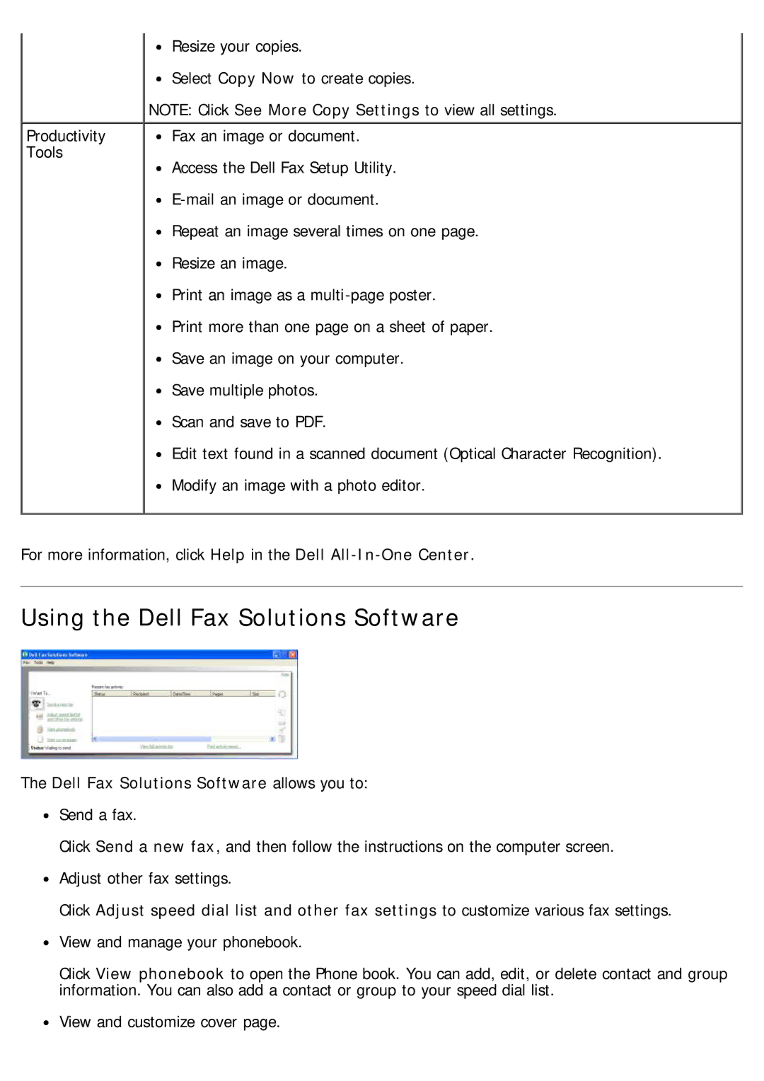 Dell 968 specifications Using the Dell Fax Solutions Software, Dell Fax Solutions Software allows you to 