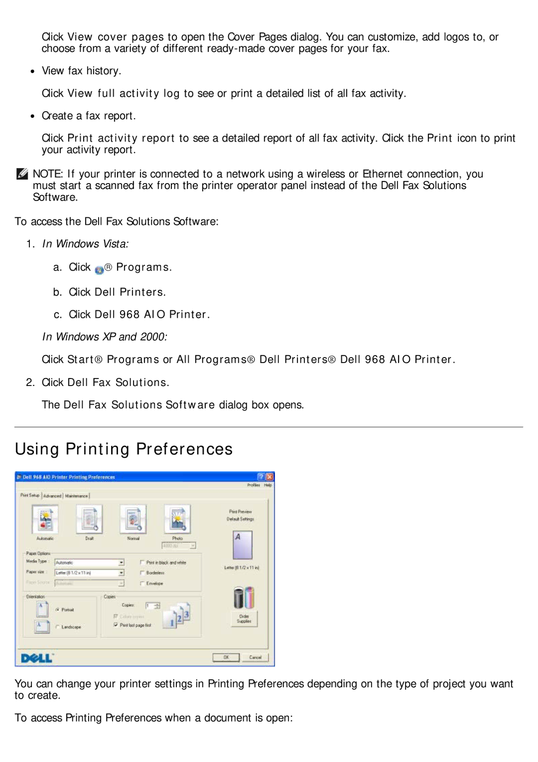 Dell 968 specifications Using Printing Preferences 