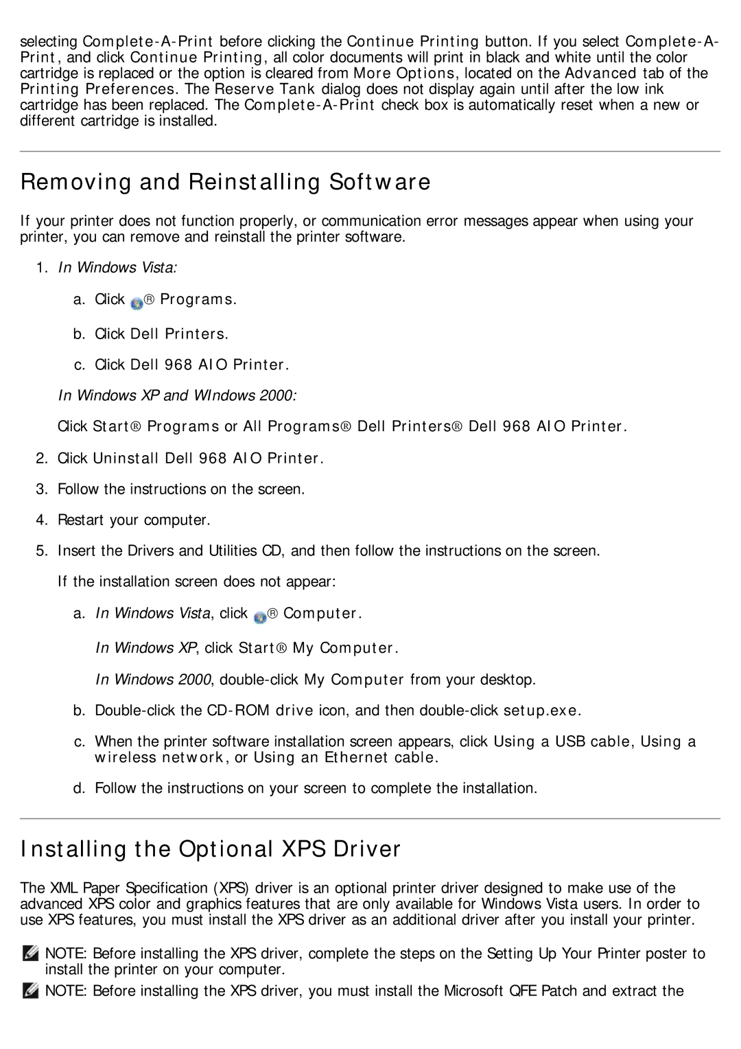 Dell 968 Removing and Reinstalling Software, Installing the Optional XPS Driver, Windows XP, click Start My Computer 