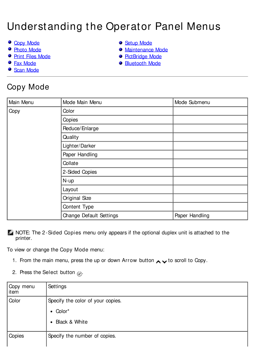 Dell 968 specifications Understanding the Operator Panel Menus, Copy Mode 