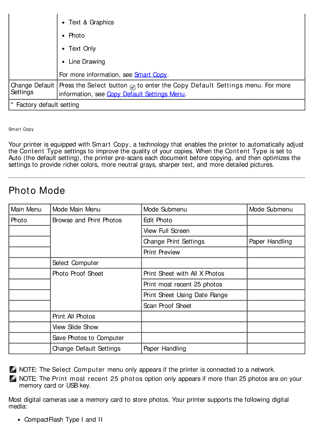 Dell 968 specifications Photo Mode, Information, see Copy Default Settings Menu 