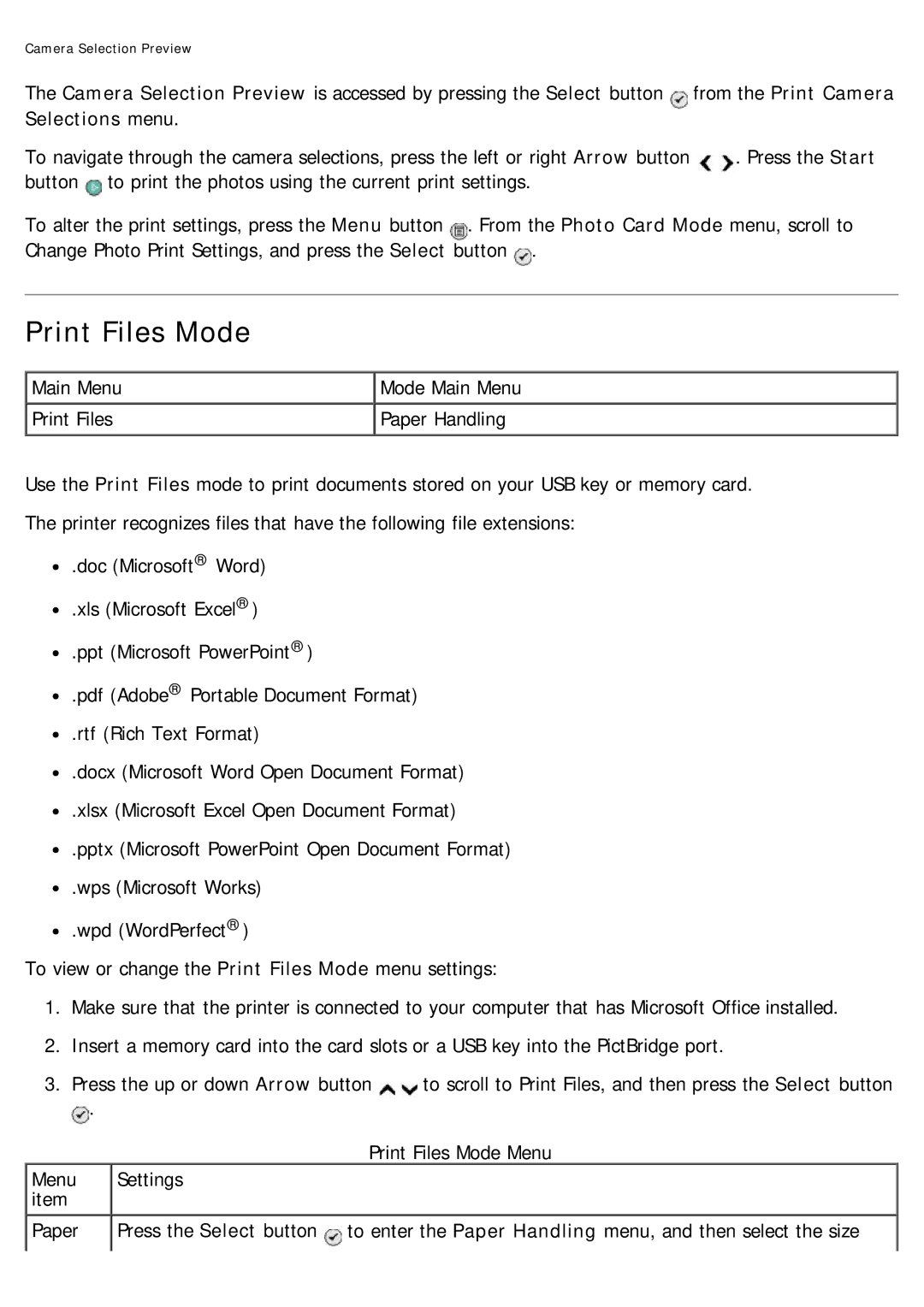 Dell 968 specifications Print Files Mode, Selections menu 