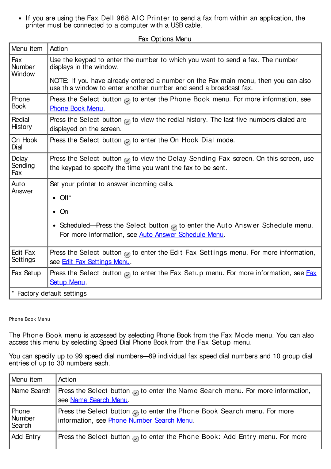 Dell 968 specifications Phone Book Menu, See Edit Fax Settings Menu, Setup Menu, See Name Search Menu 