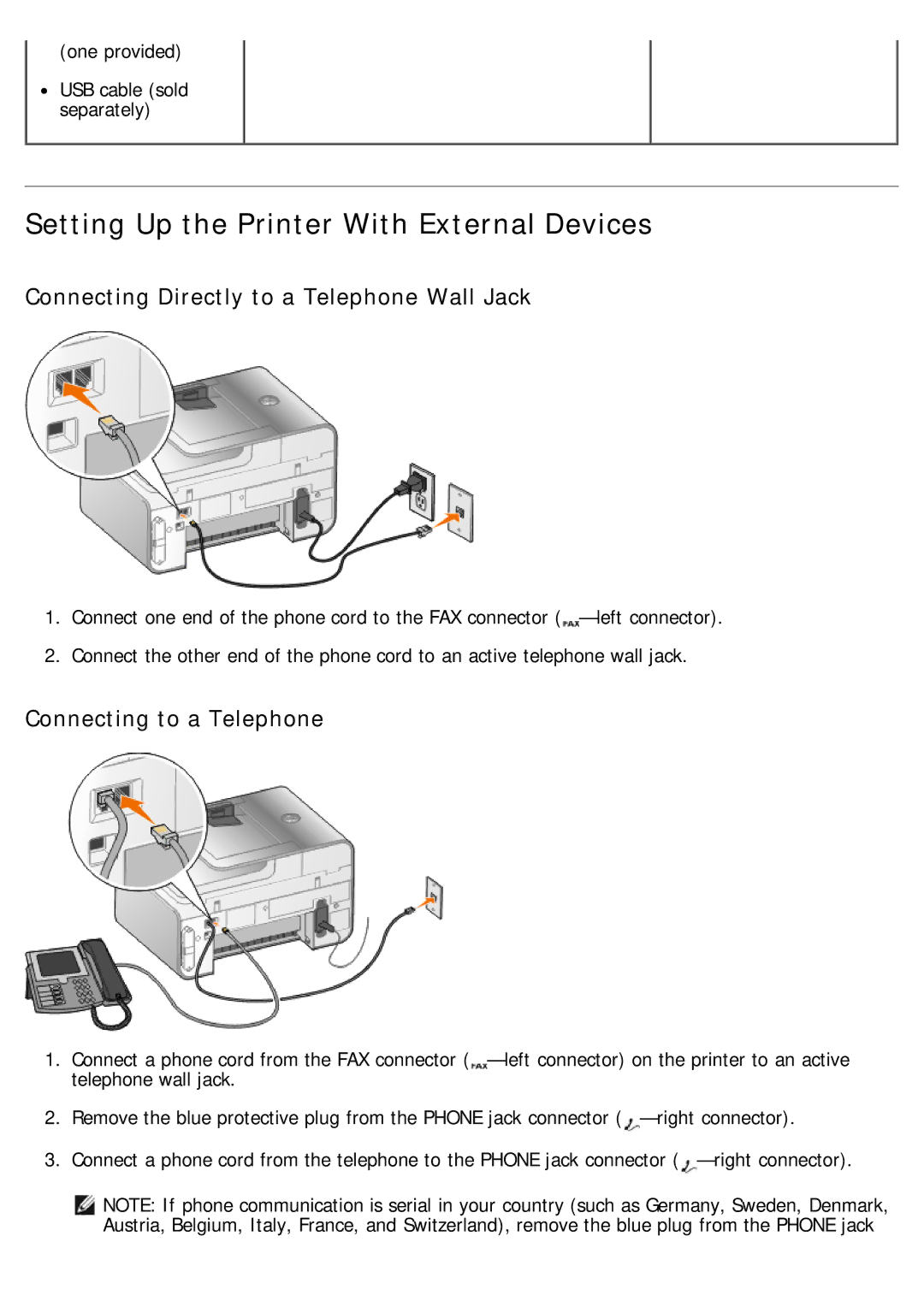 Dell 968 specifications Setting Up the Printer With External Devices, Connecting Directly to a Telephone Wall Jack 