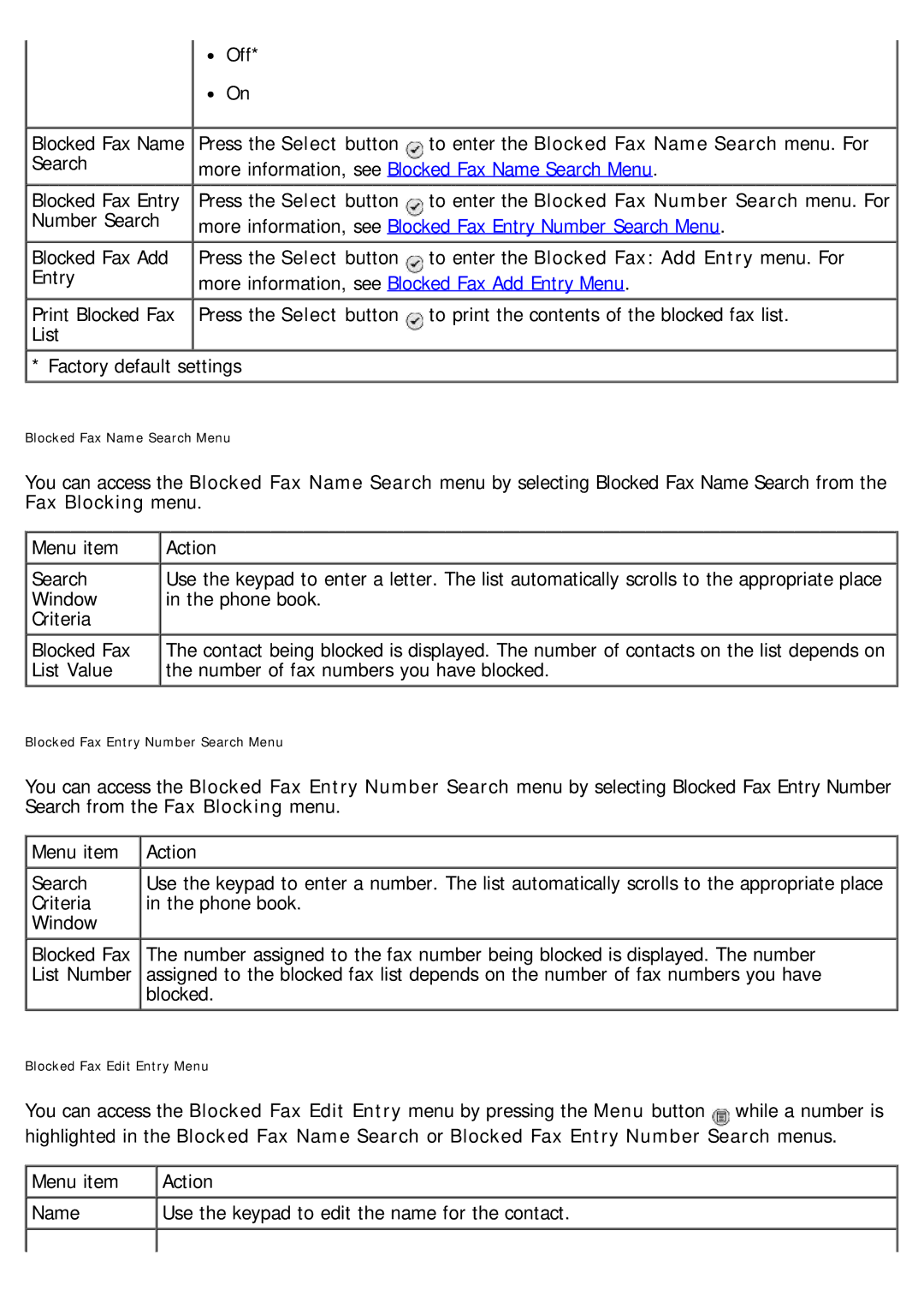 Dell 968 specifications To enter the Blocked Fax Name Search menu. For, To enter the Blocked Fax Number Search menu. For 