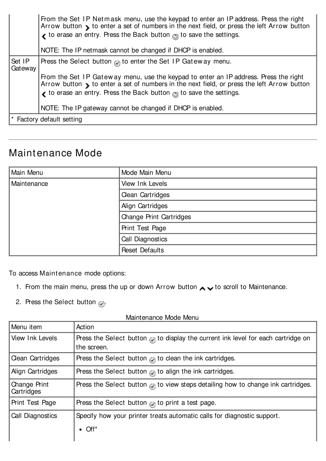 Dell 968 specifications Maintenance Mode, Arrow button 