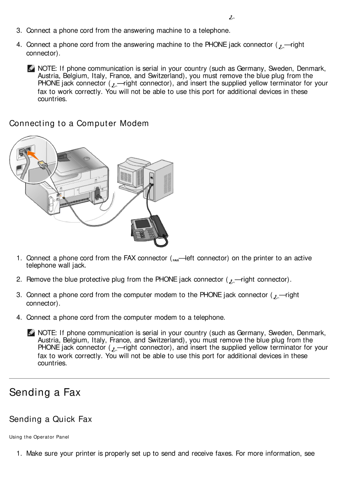 Dell 968 specifications Sending a Fax, Connecting to a Computer Modem, Sending a Quick Fax 