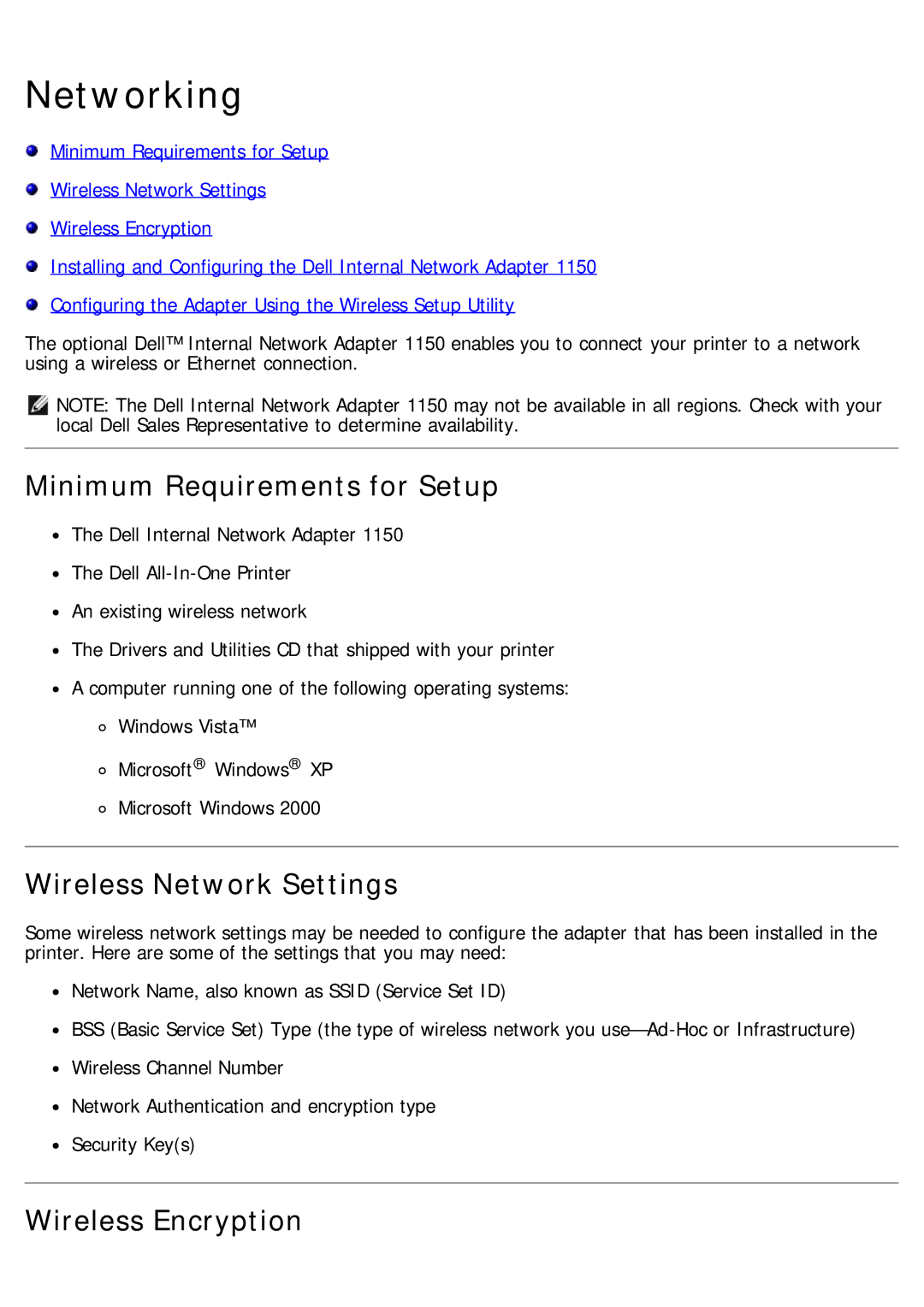 Dell 968 specifications Networking, Minimum Requirements for Setup, Wireless Network Settings, Wireless Encryption 