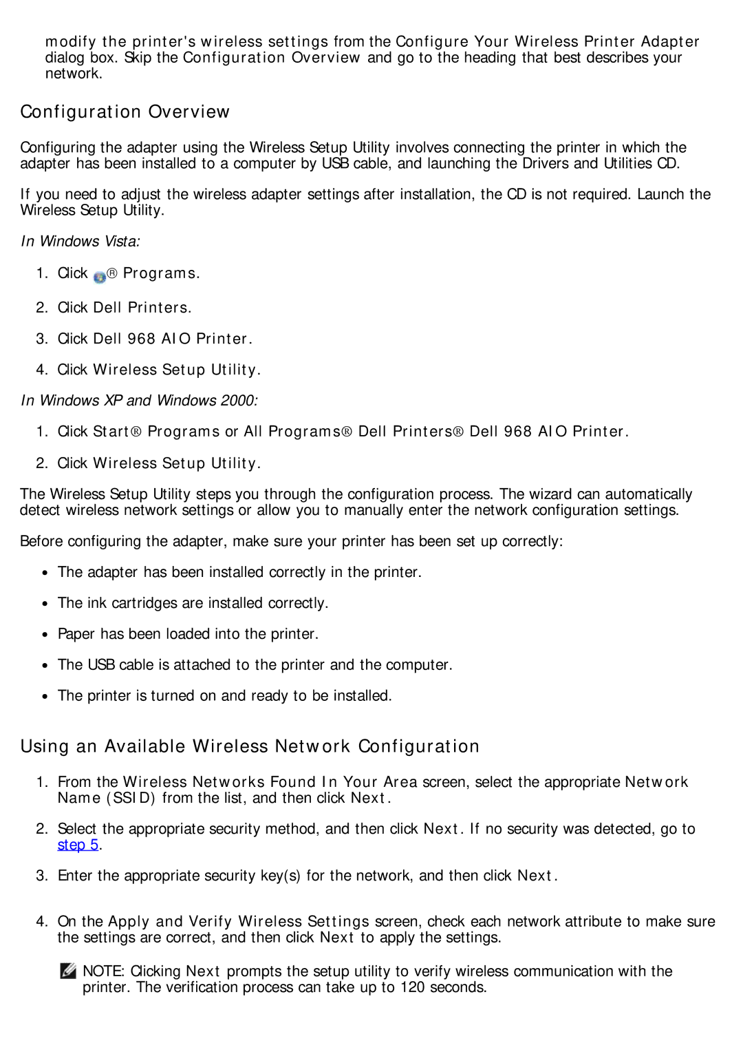 Dell 968 specifications Configuration Overview, Using an Available Wireless Network Configuration 