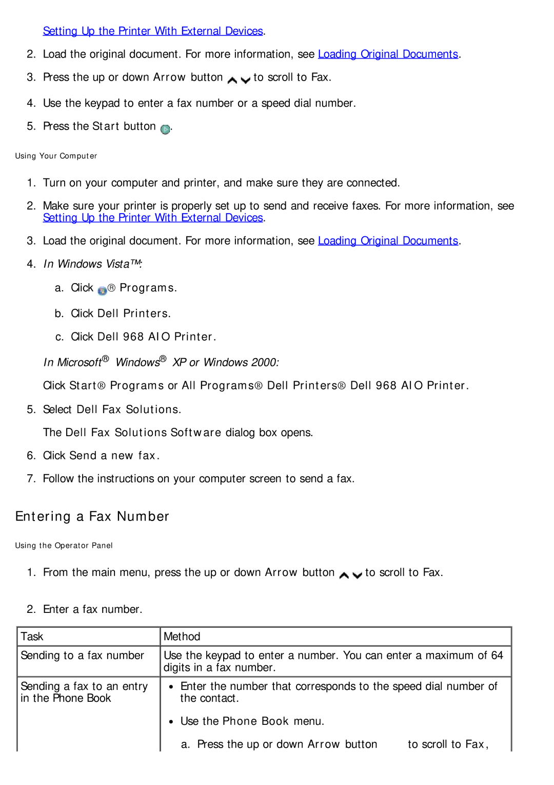 Dell 968 specifications Entering a Fax Number, Setting Up the Printer With External Devices 