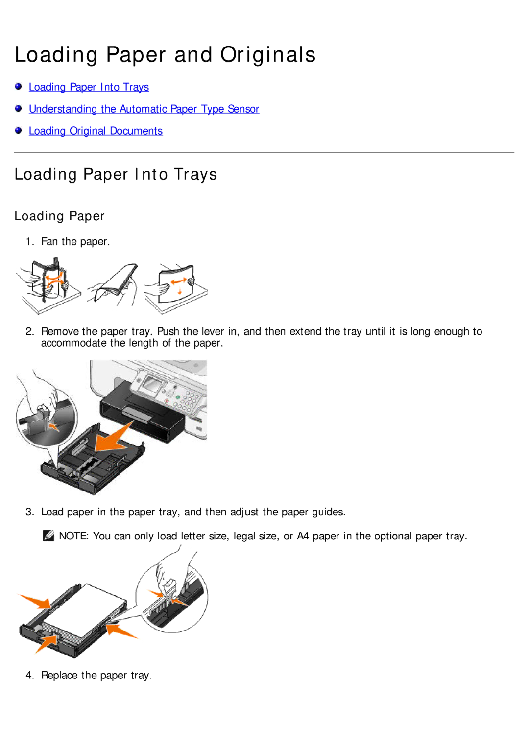 Dell 968 specifications Loading Paper and Originals, Loading Paper Into Trays 