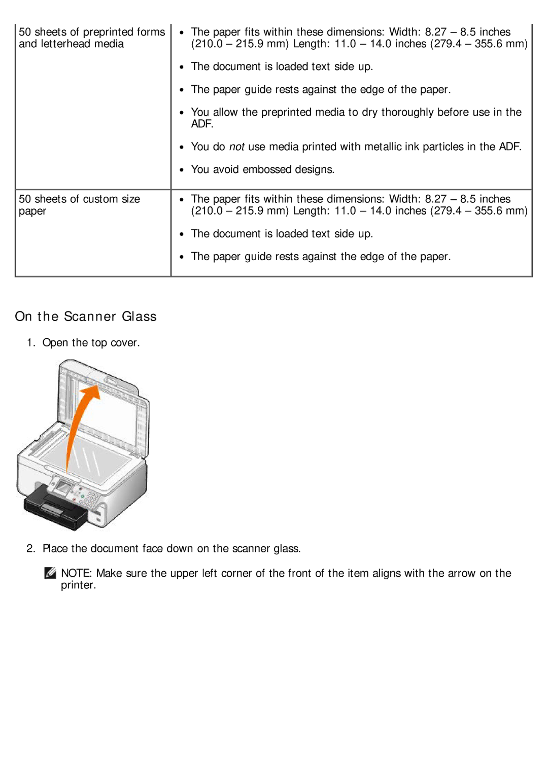 Dell 968 specifications On the Scanner Glass 