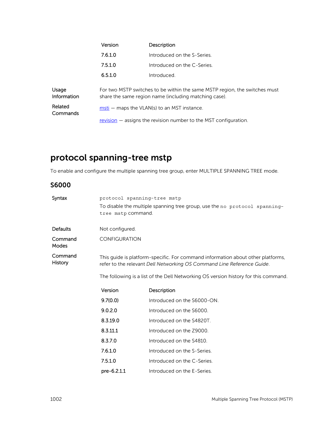 Dell 9.7(0.0) manual Protocol spanning-tree mstp, Tree mstp command 