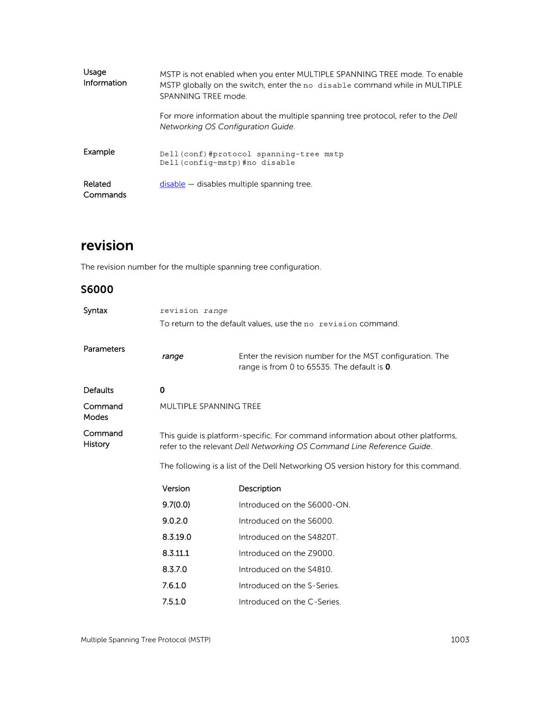 Dell 9.7(0.0) manual Revision range, Enter the revision number for the MST configuration 