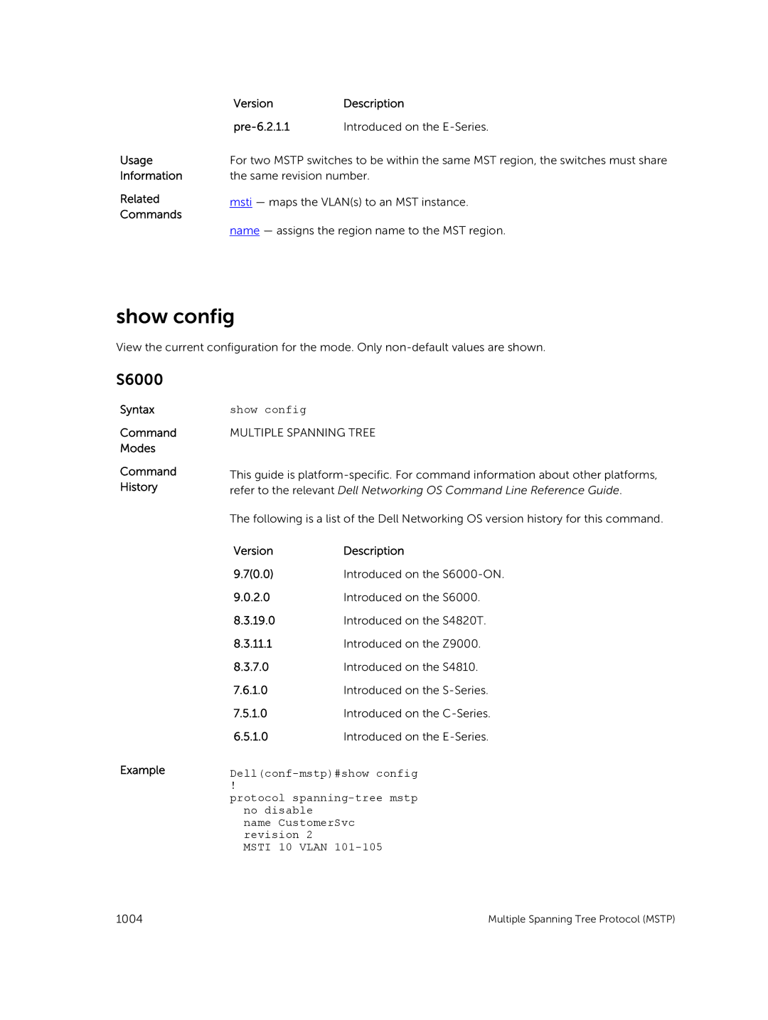 Dell 9.7(0.0) manual Dellconf-mstp#show config, No disable Name CustomerSvc revision Msti 10 Vlan 