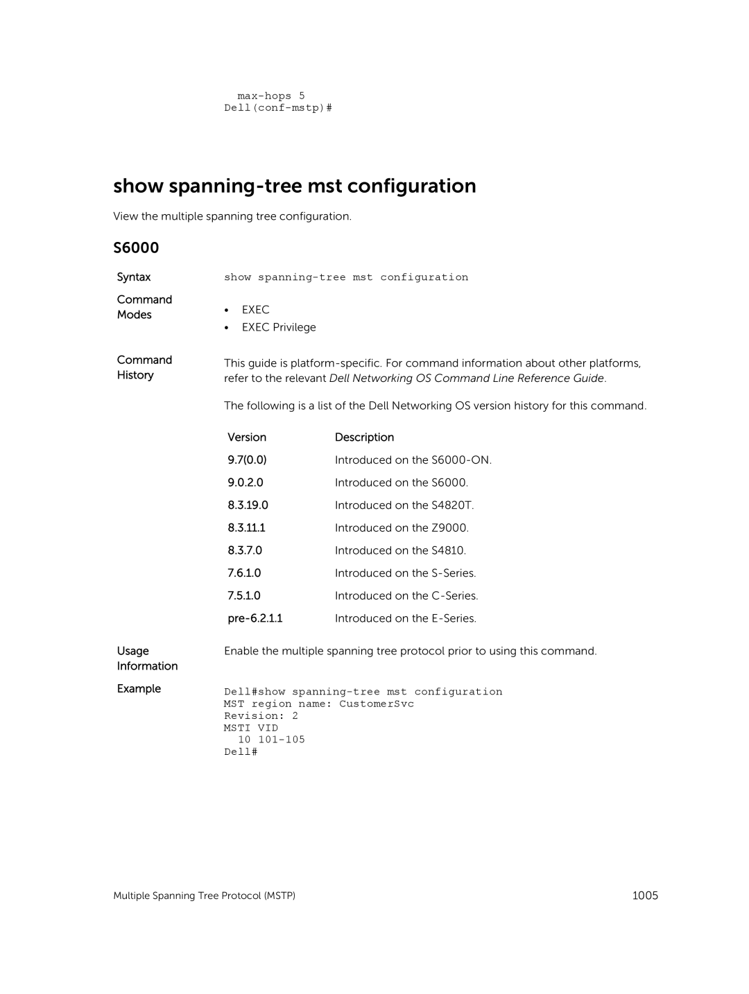 Dell 9.7(0.0) Show spanning-tree mst configuration, Dell#show spanning-tree mst configuration, MST region name CustomerSvc 