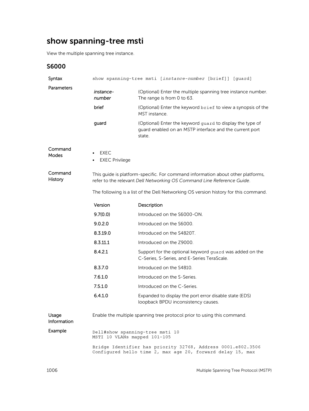 Dell 9.7(0.0) manual Show spanning-tree msti instance-numberbrief guard, Instance, Guard 