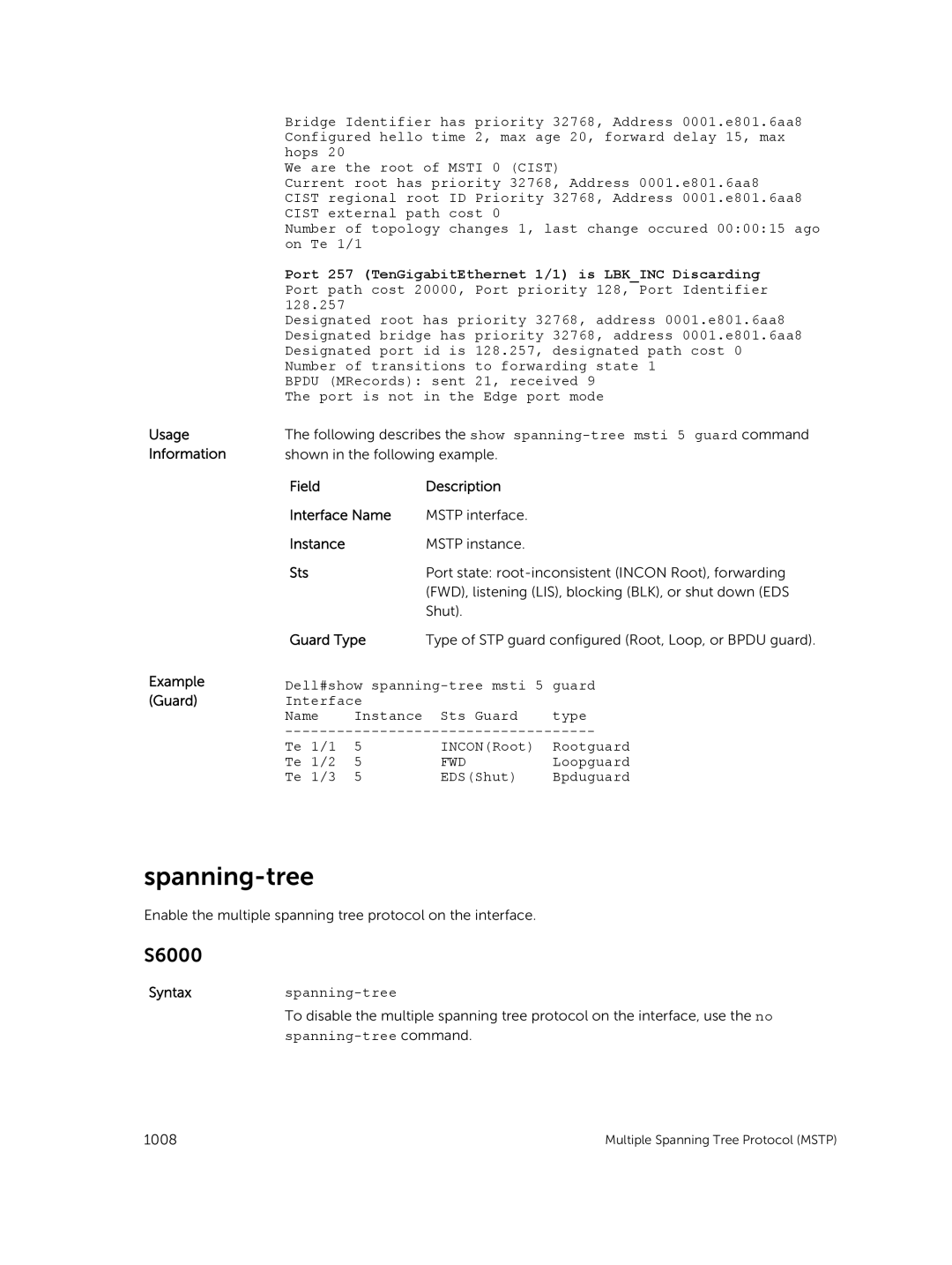 Dell 9.7(0.0) manual Spanning-tree, Usage Information Example Guard, Field Description Interface Name, Sts, Guard Type 