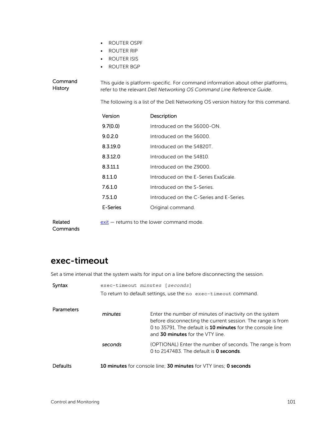 Dell 9.7(0.0) manual Command History Related Commands, Exec-timeout minutes seconds, Minutes 