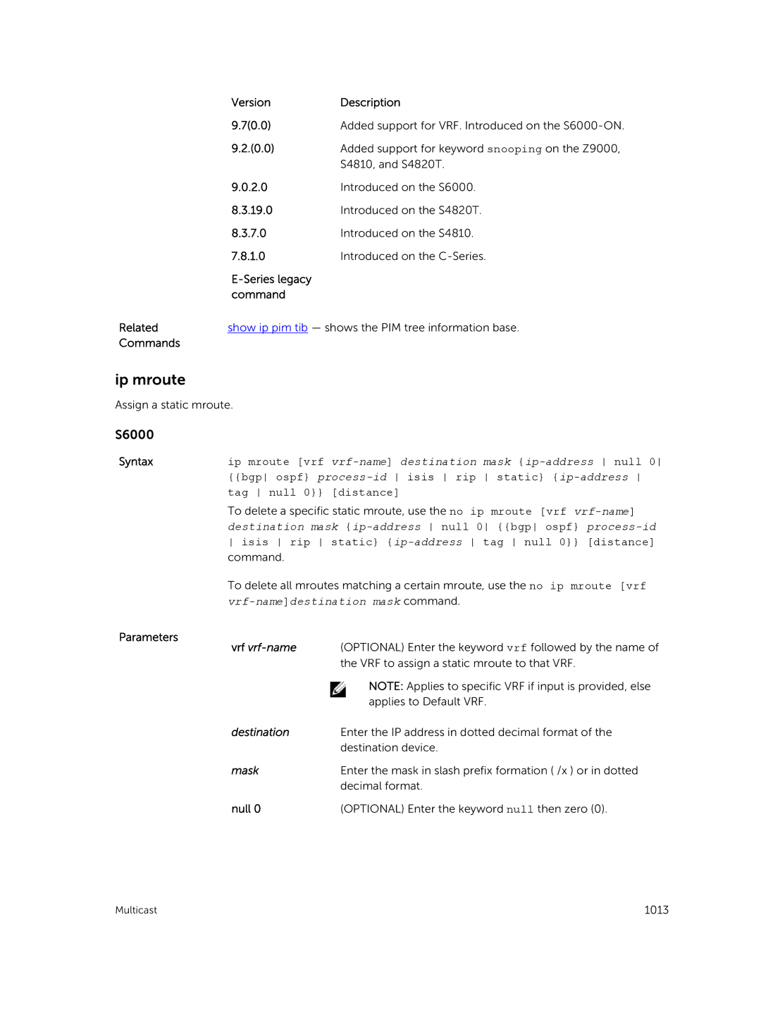 Dell 9.7(0.0) manual Ip mroute, Isis rip static ip-address tag null 0 distance command, Null 