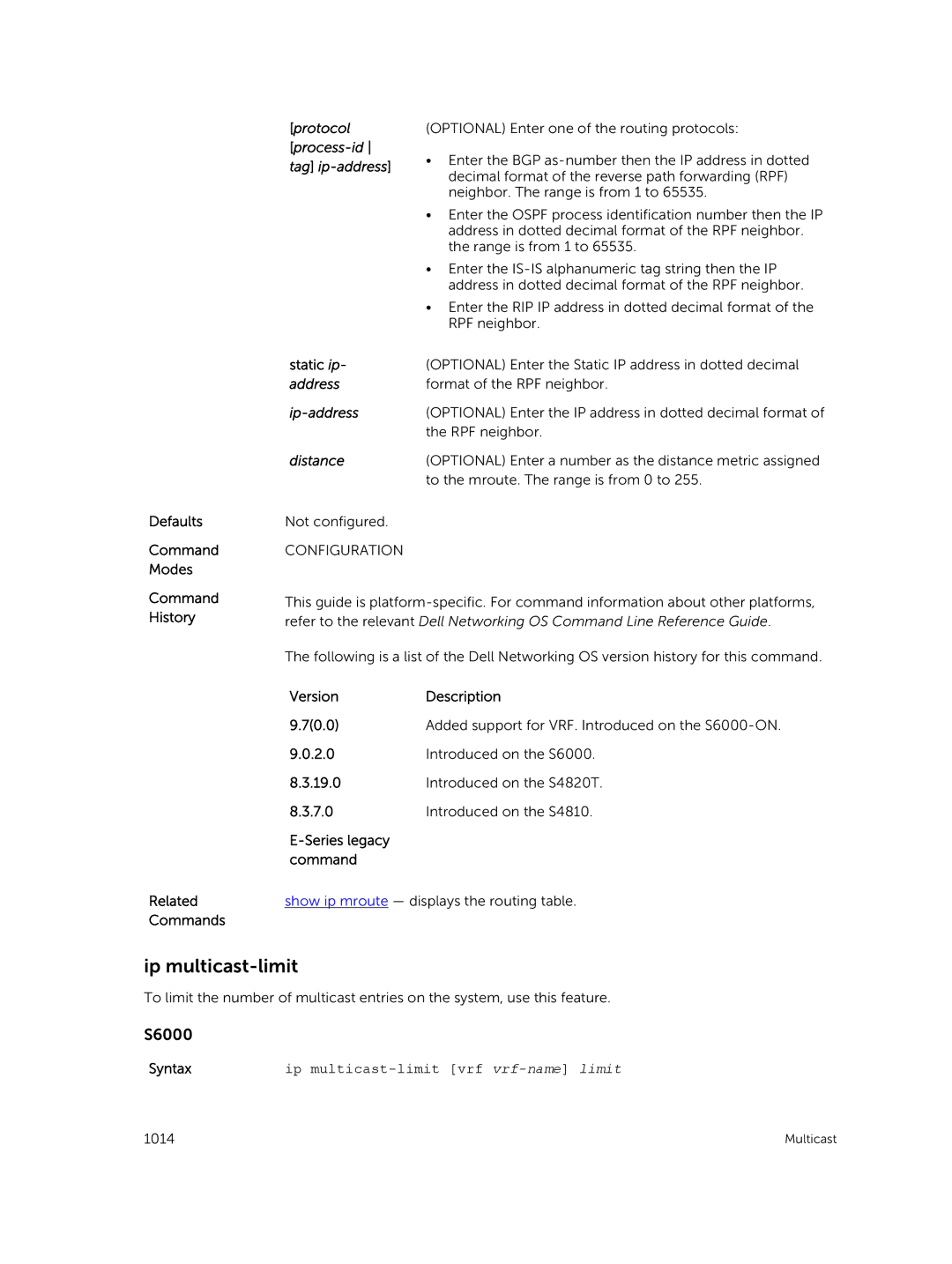 Dell 9.7(0.0) manual Static ip- address, Ip-address Distance, Ip multicast-limit vrf vrf-name limit 