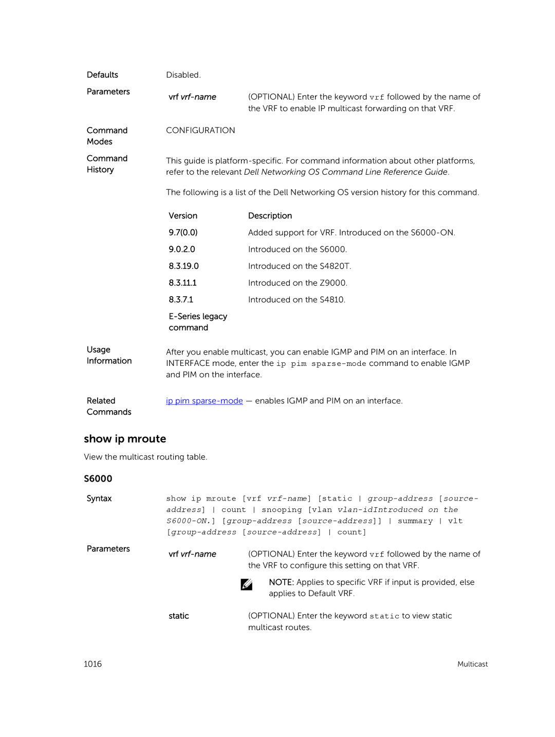 Dell 9.7(0.0) manual Show ip mroute, Syntax Parameters 