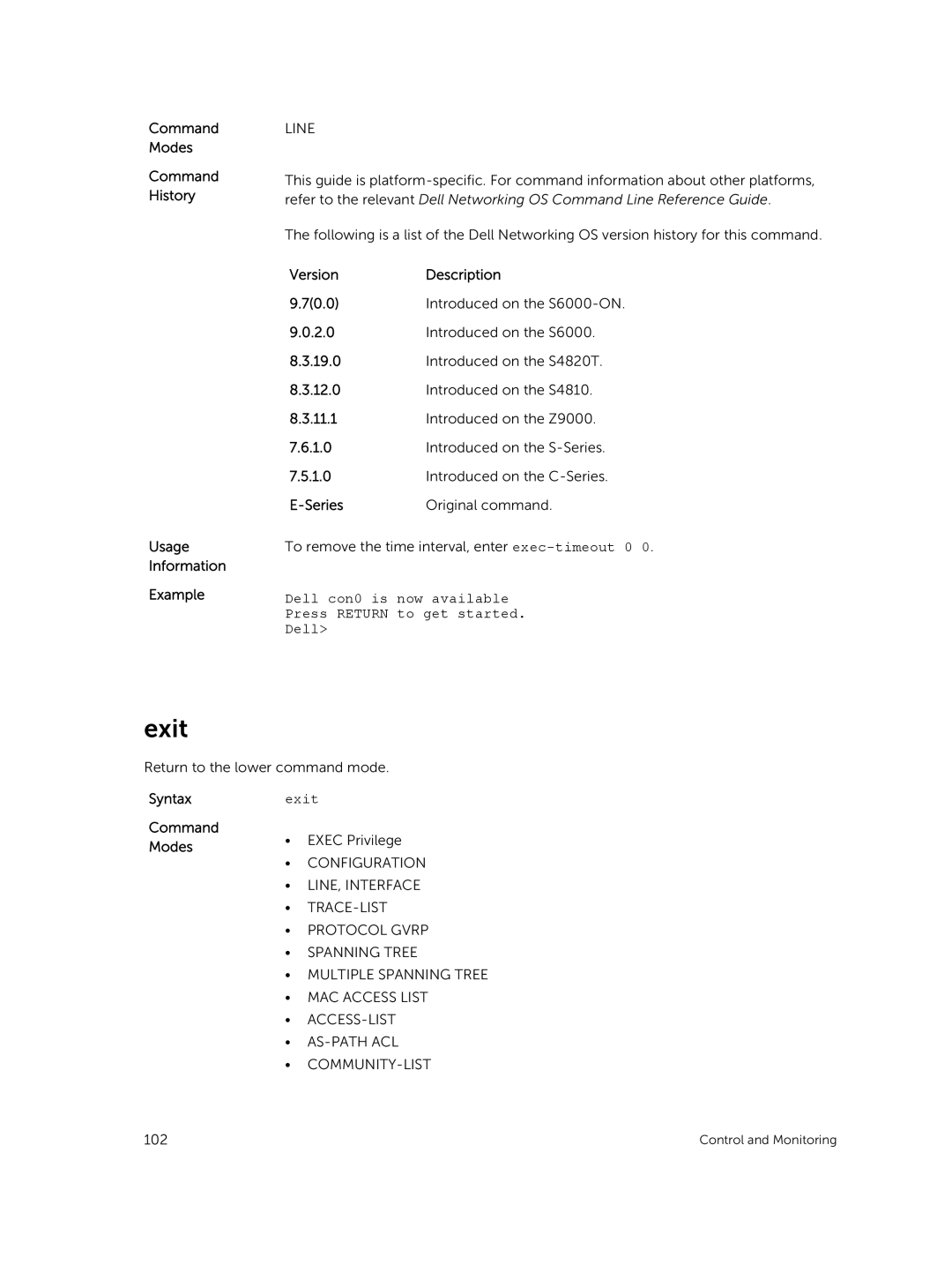 Dell 9.7(0.0) manual Exit, Command Modes Command History Usage Information Example 