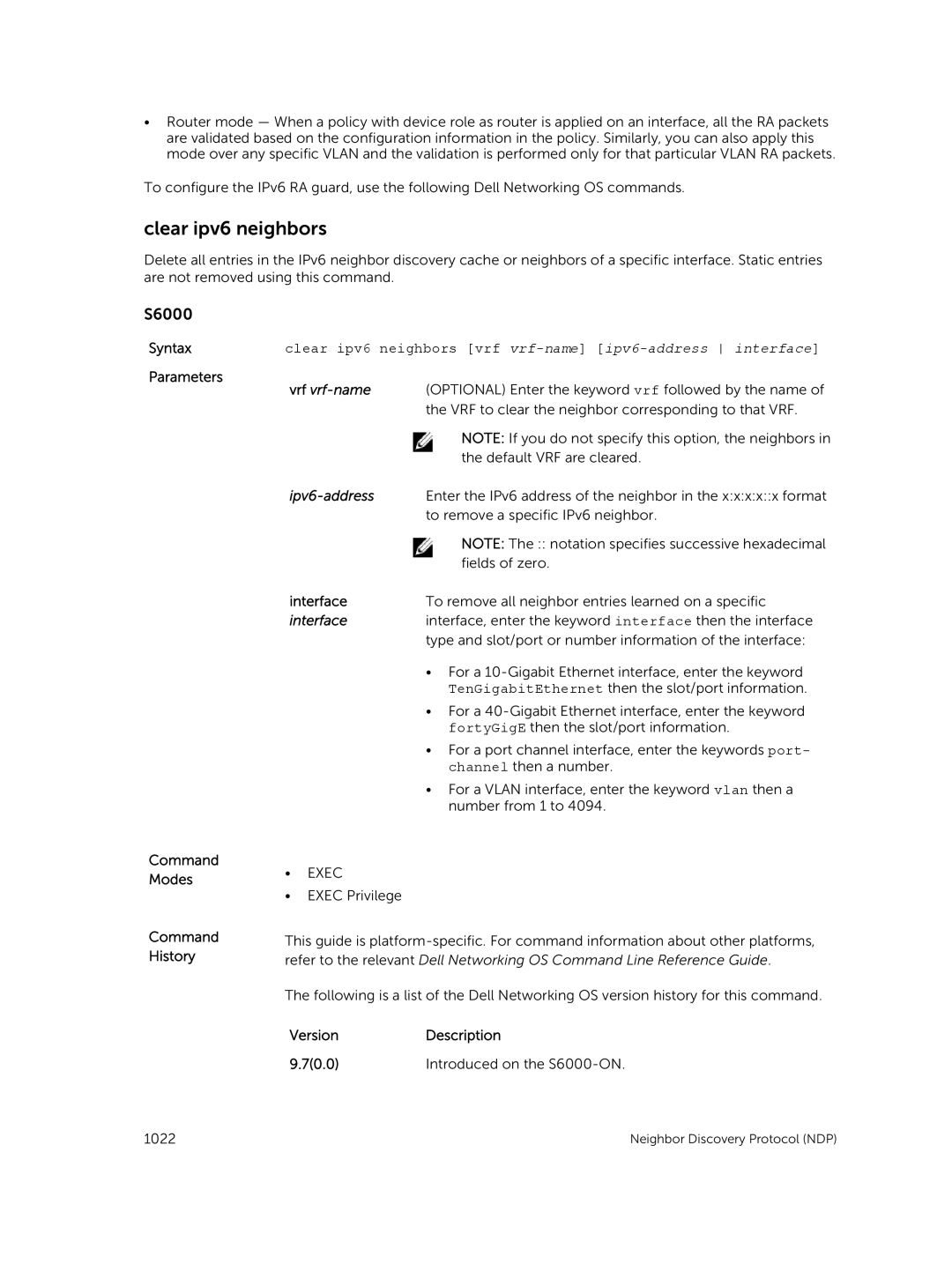 Dell 9.7(0.0) manual Clear ipv6 neighbors vrf vrf-name ipv6-address interface 