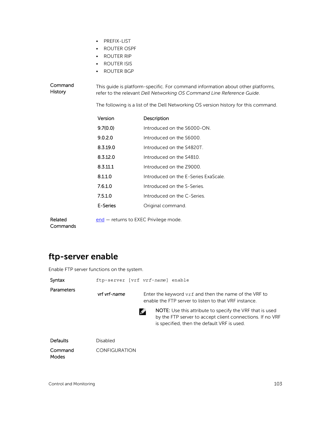 Dell 9.7(0.0) manual Ftp-server enable, Ftp-server vrf vrf-name enable, Vrf vrf-name 