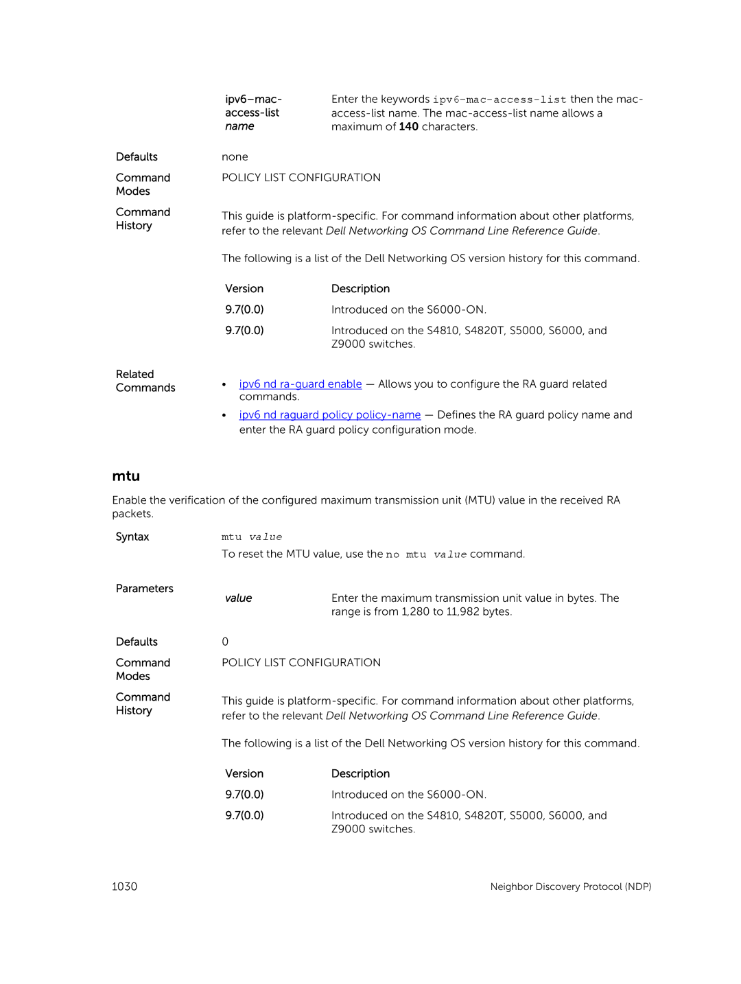 Dell 9.7(0.0) manual Mtu, Defaults Command Modes History Related Commands Ipv6-mac 