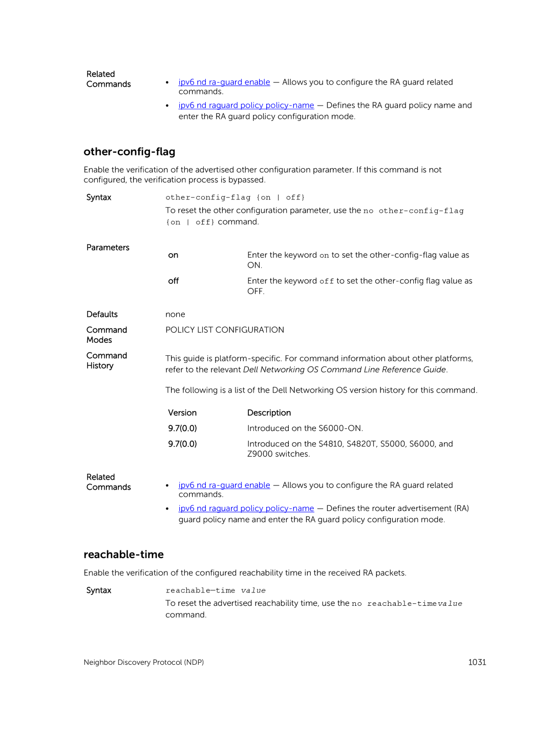 Dell 9.7(0.0) Reachable-time, Other-config-flag on off, Parameters Defaults Command Modes History Related Commands 