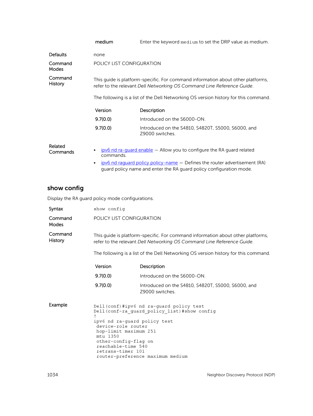 Dell 9.7(0.0) manual Defaults Command Modes History Medium 