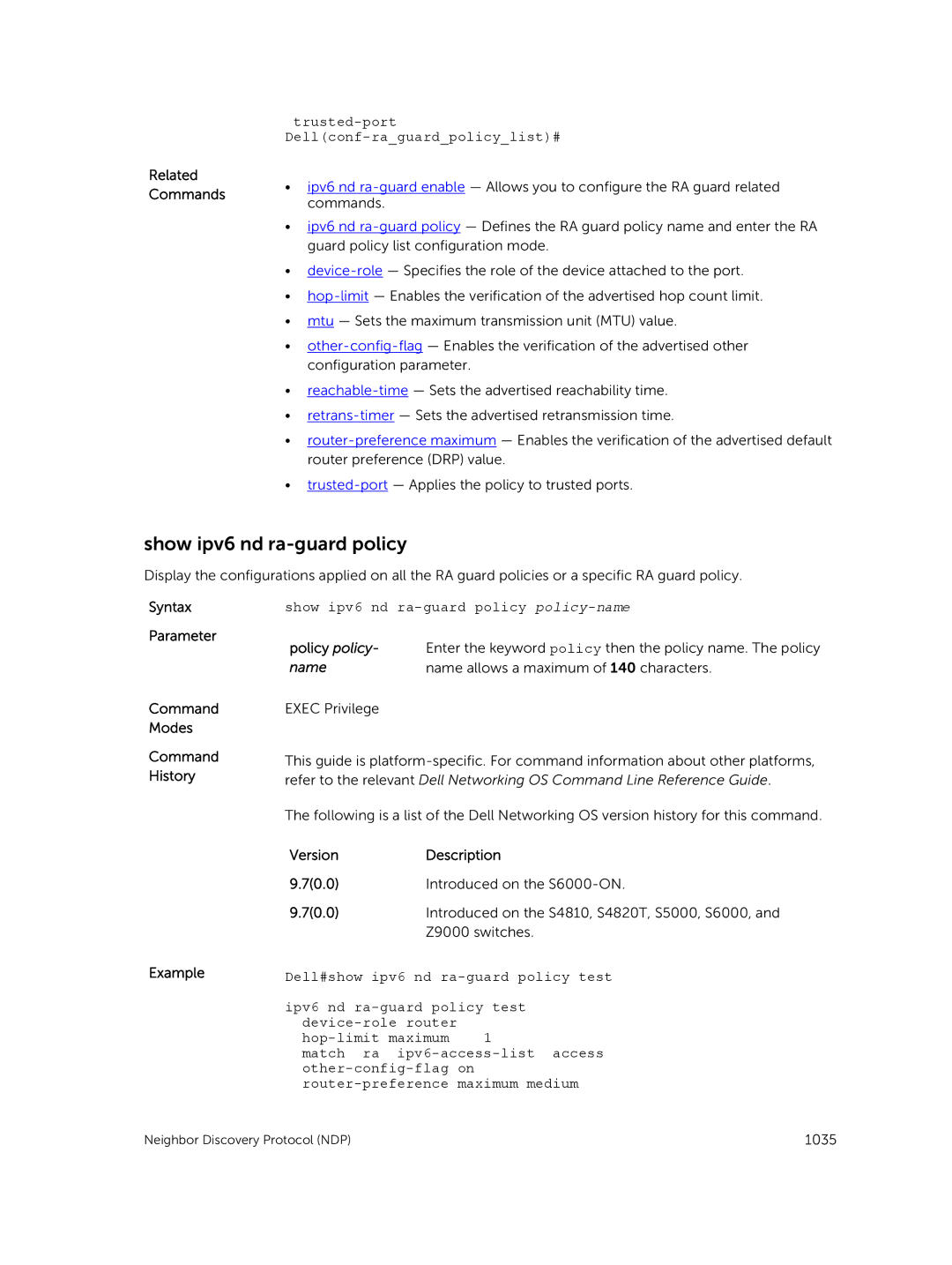 Dell 9.7(0.0) manual Show ipv6 nd ra-guard policy, Trusted-port Dellconf-raguardpolicylist# 