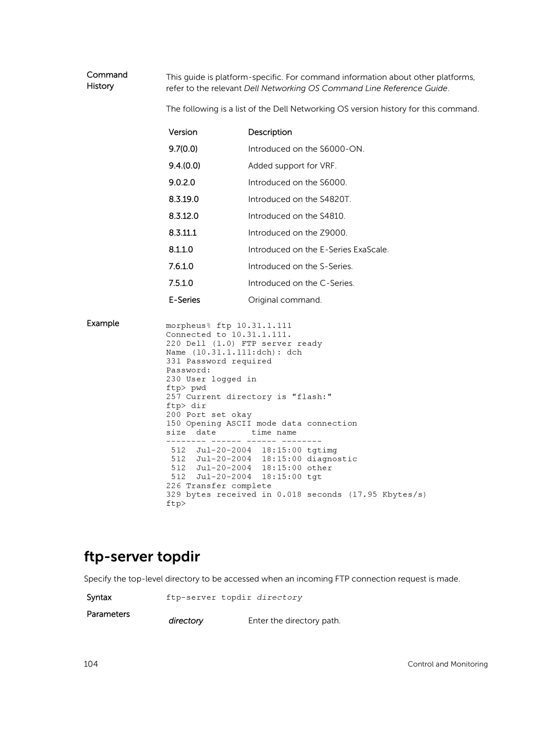 Dell 9.7(0.0) manual Command History Example, Ftp-server topdir directory, Enter the directory path 