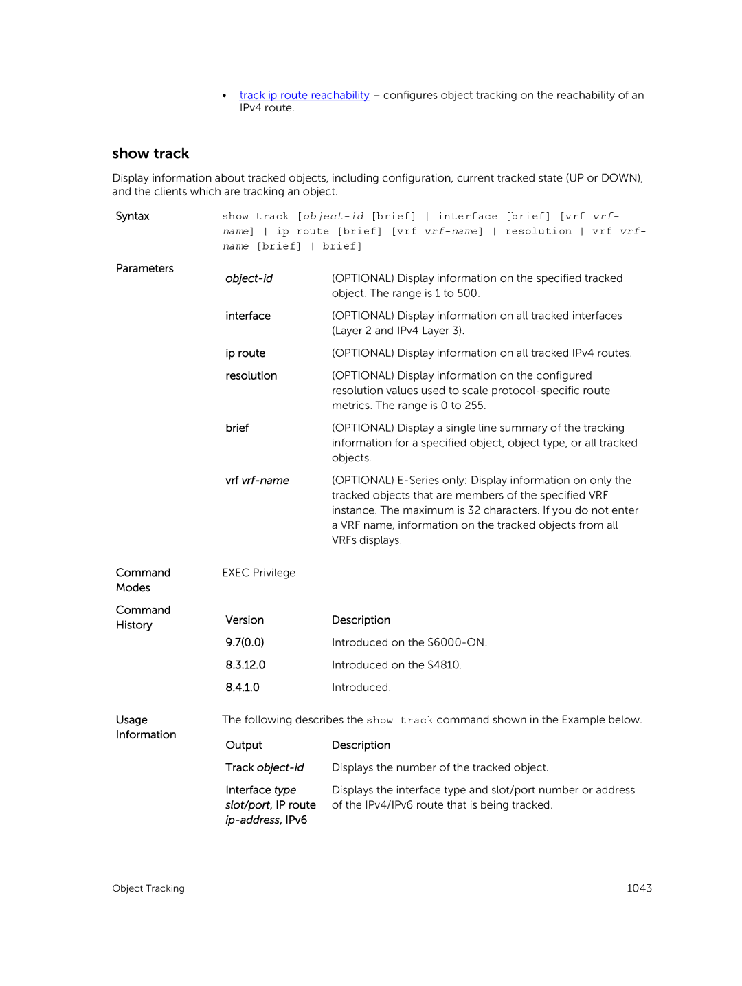 Dell 9.7(0.0) manual Show track, Ip route, Resolution, OutputDescription, Ip-address, IPv6 