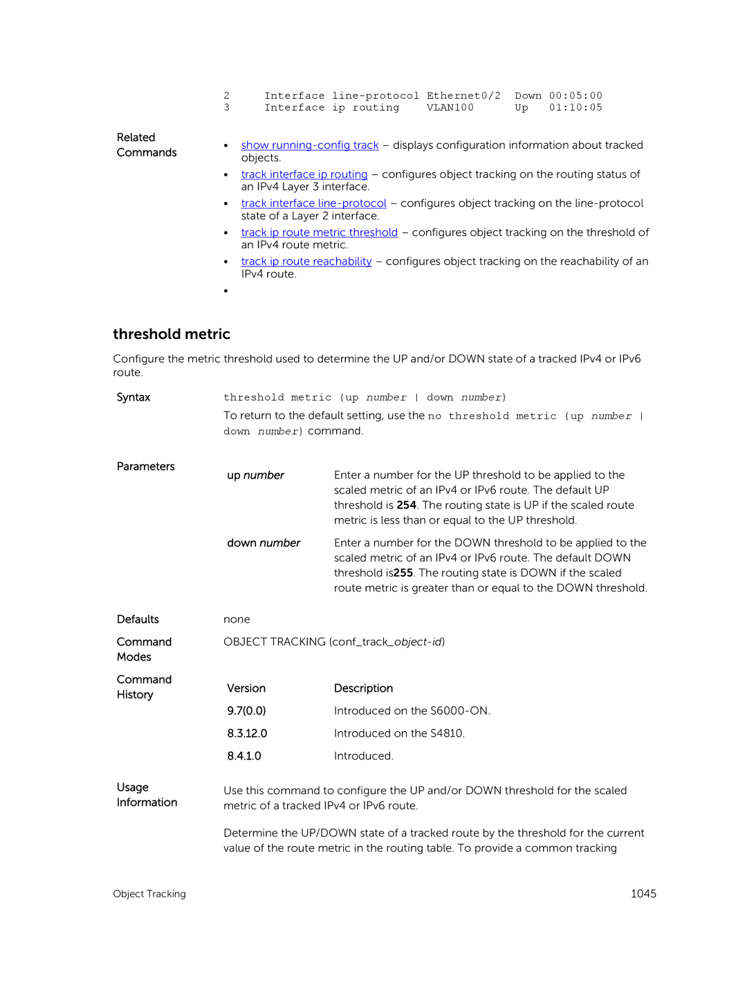 Dell 9.7(0.0) manual VLAN100, Threshold metric up number down number, Up number, Down number 