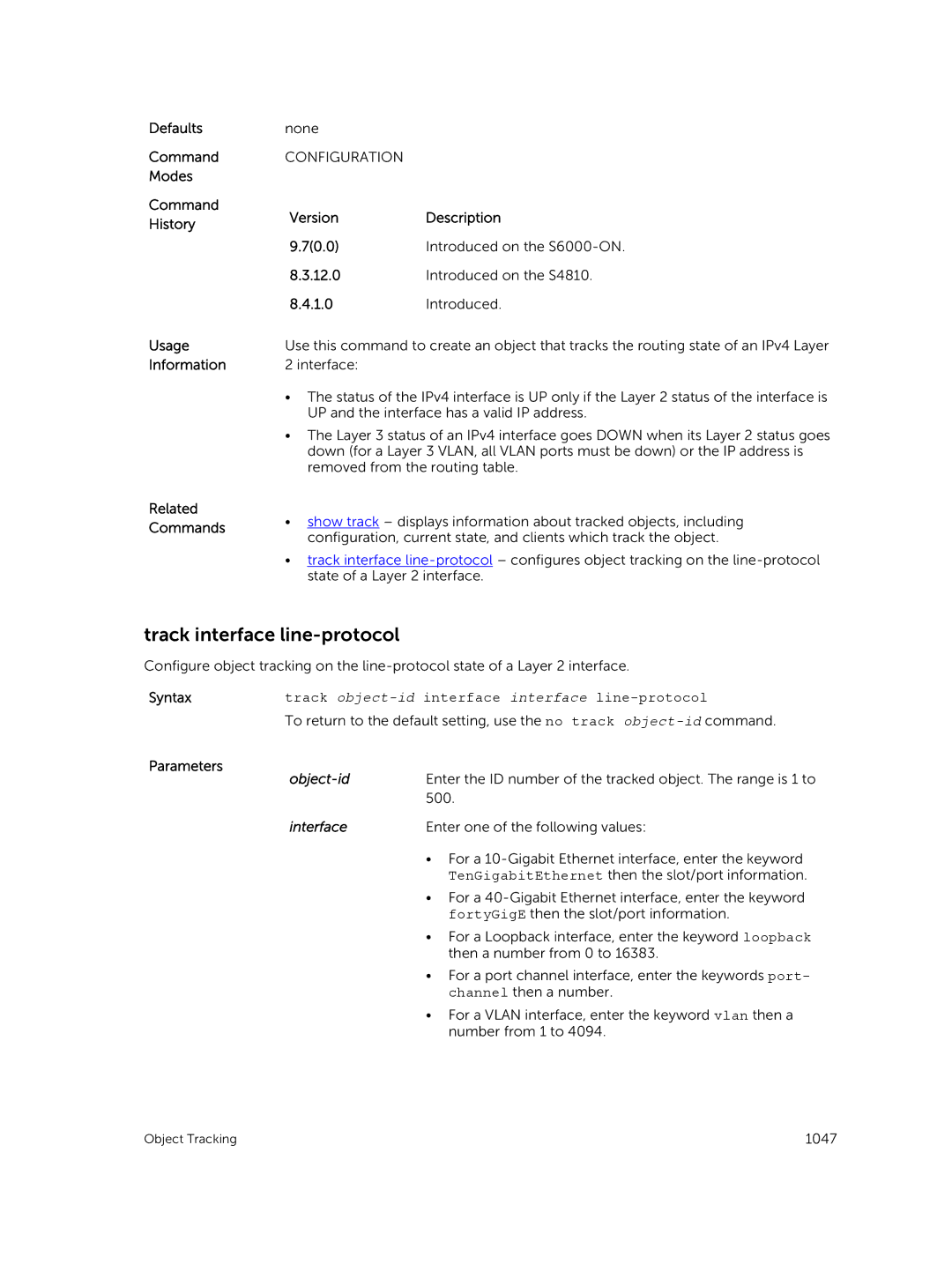 Dell 9.7(0.0) manual Track interface line-protocol, Syntaxtrack object-idinterface interface line-protocol 