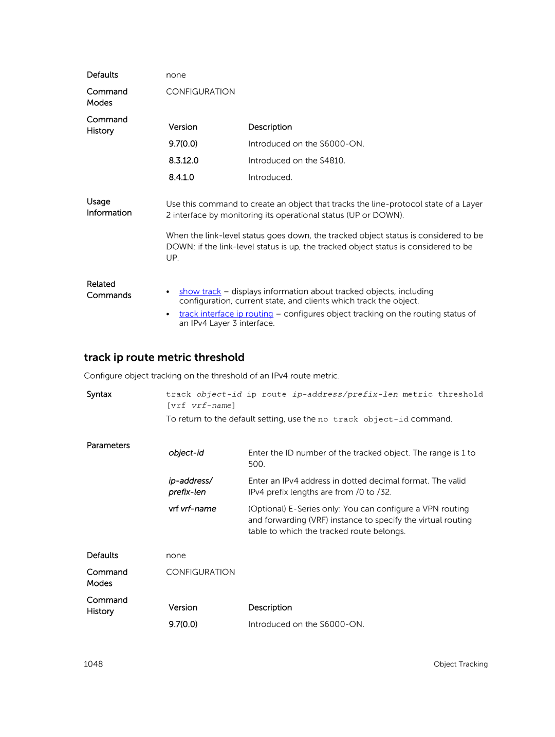 Dell 9.7(0.0) manual Track ip route metric threshold, Prefix-len 