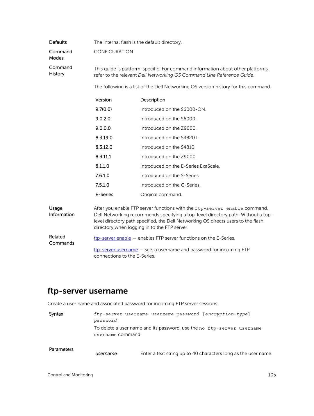 Dell 9.7(0.0) manual Ftp-server username, Syntaxftp-server username username password encryption-type 