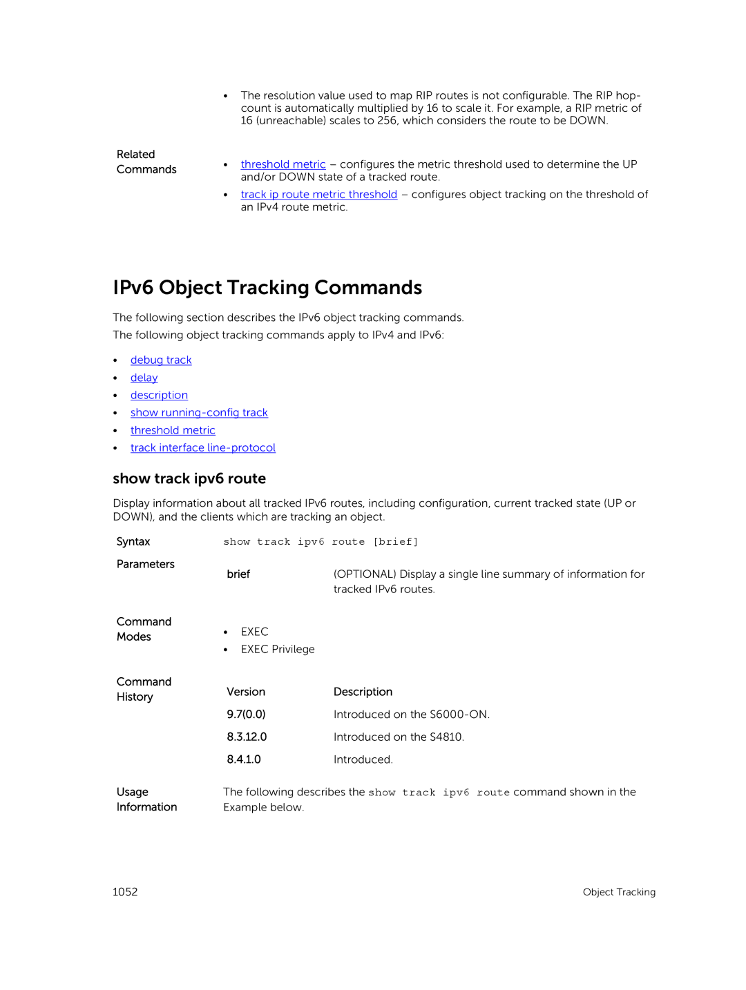 Dell 9.7(0.0) manual IPv6 Object Tracking Commands, Show track ipv6 route brief 