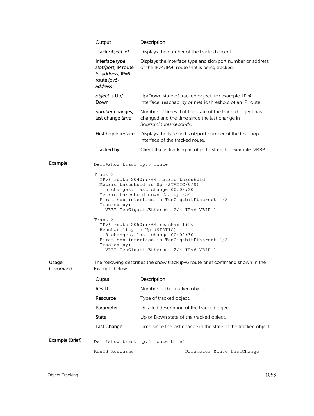 Dell 9.7(0.0) manual Track object-id, Ip-address , IPv6, Dell#show track ipv6 route brief 