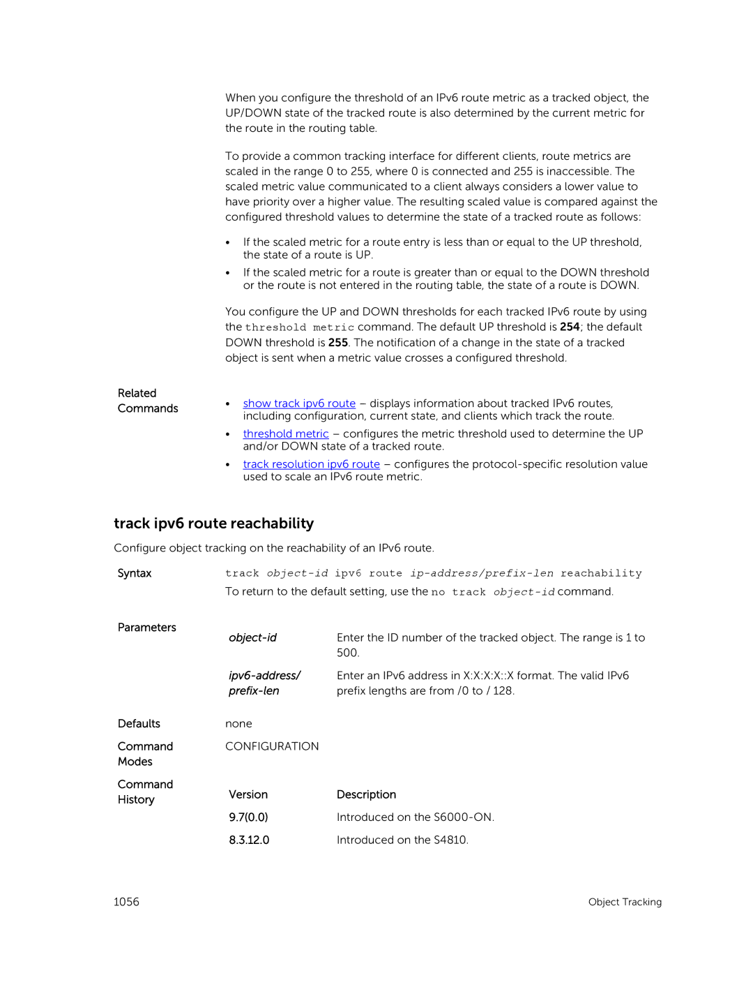 Dell 9.7(0.0) manual Track ipv6 route reachability, Syntax Parameters Defaults Command Modes Command History 