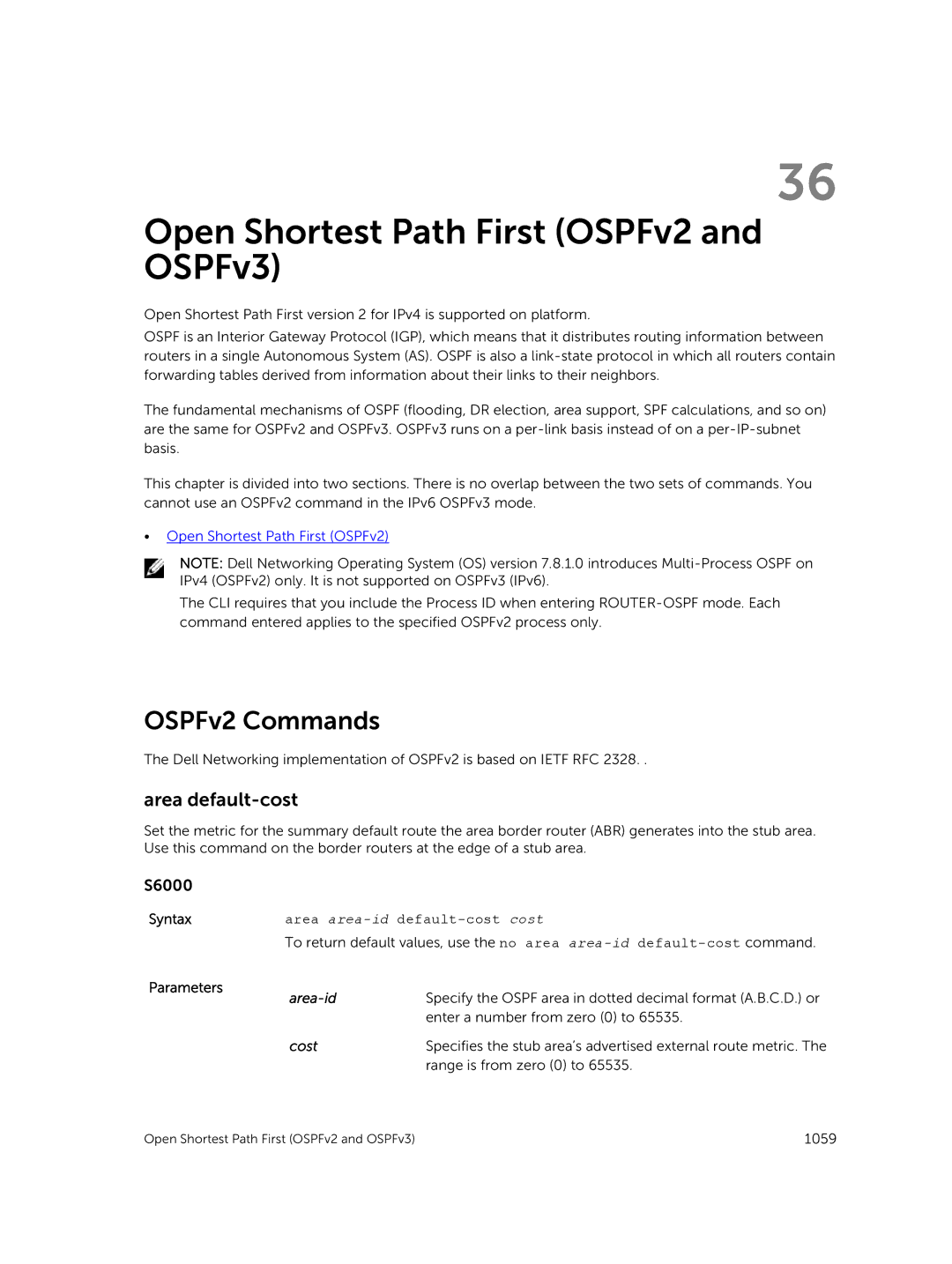 Dell 9.7(0.0) manual Open Shortest Path First OSPFv2 and OSPFv3, OSPFv2 Commands, Area default-cost, Area-id, Cost 