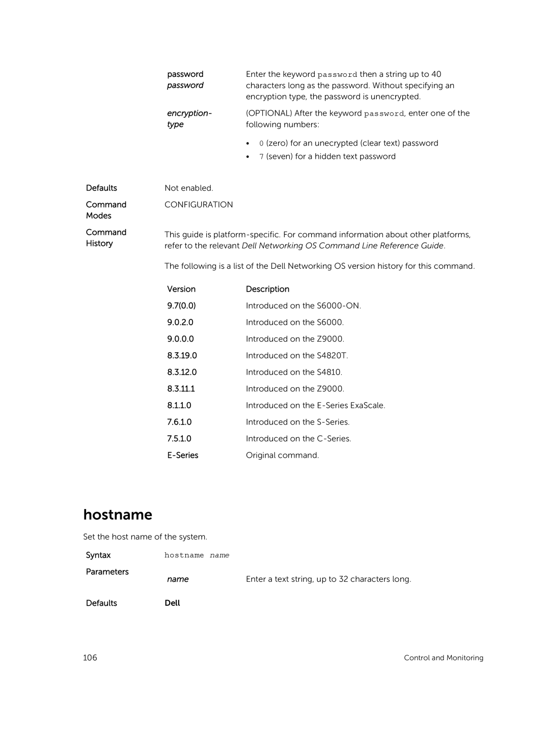 Dell 9.7(0.0) manual Password, Encryption, Type, Hostname name 