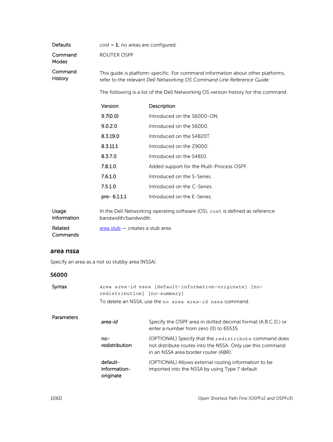 Dell 9.7(0.0) manual Area nssa, Pre, Redistribution, Originate 