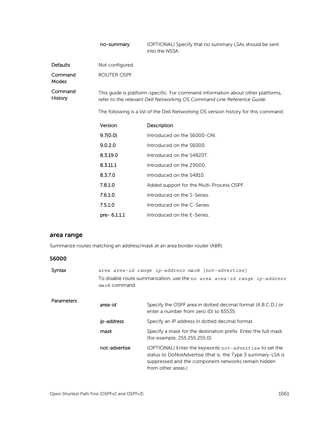 Dell 9.7(0.0) manual Area range, Area area-id range ip-address mask not-advertise, Not-advertise 