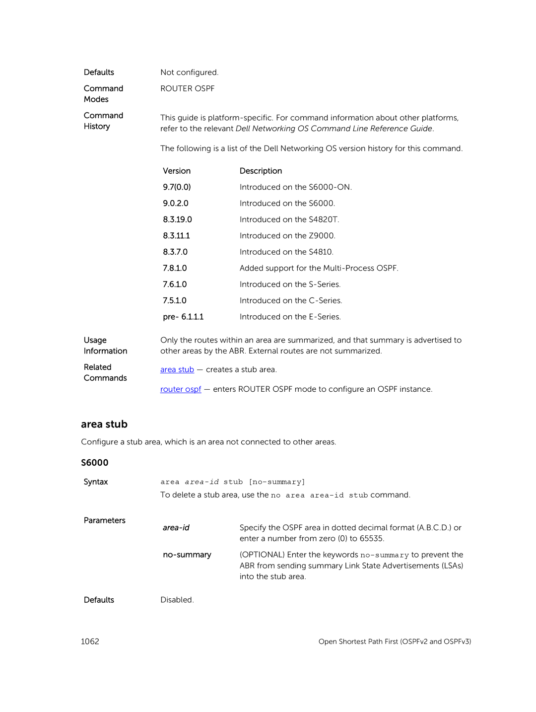 Dell 9.7(0.0) manual Area stub, Area area-id stub no-summary, No-summary 